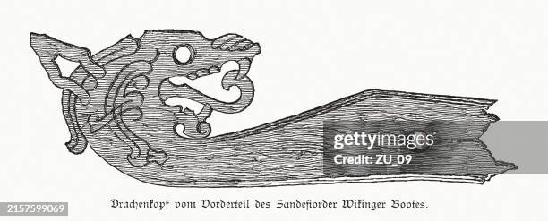 dragon head of gokstad viking ship, wood engraving, published 1888 - viking ship stock illustrations