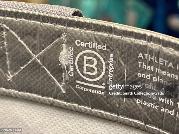 Close-up of a "Certified B Corporation" label on Athleta bag, Lafayette, California, June 13, 2024.