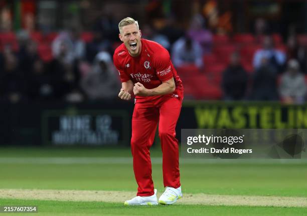 Luke Wood of Lancashire Lightning celebrates after taking the wicket of Wiaan Mulder during the T20 Vitality Blast match between Leicestershire Foxes...