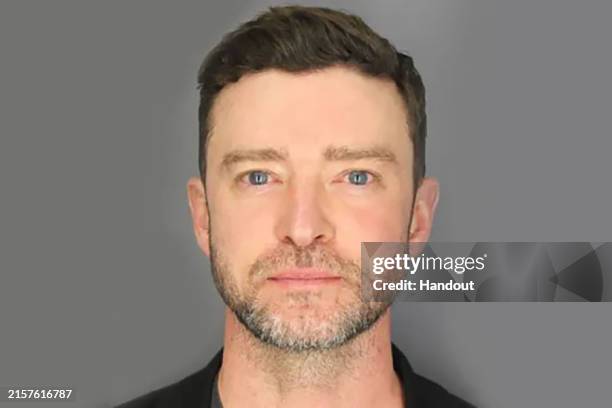 In this handout image provided by the Sag Harbor Police Department, Musician Justin Timberlake is seen in a booking photo on June 18, 2024 in Sag...
