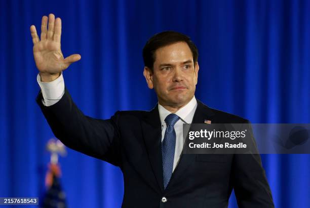 Sen. Marco Rubio speaks before the arrival of former president Donald Trump at the Club 47 group in the Palm Beach Convention Center on June 14 in...