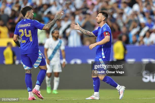Lionel Messi of Argentina celebrates after scoring his team's first goal during an international friendly match against Guatemala at Commanders Field...