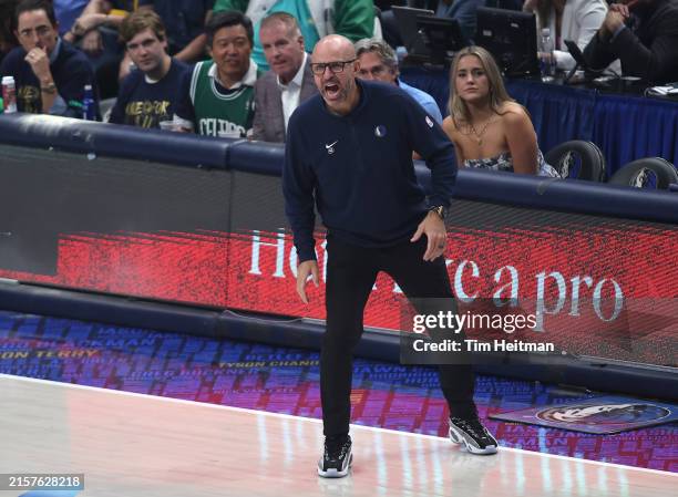 Dallas Mavericks head coach Jason Kidd reacts during the first half against the Boston Celtics in Game Four of the 2024 NBA Finals at American...