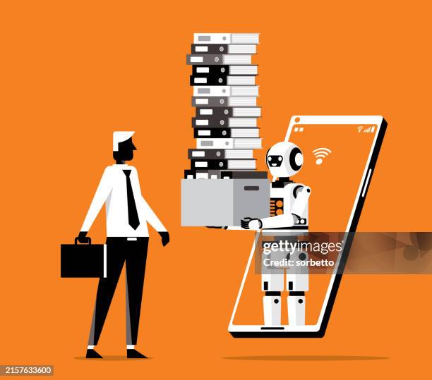 bildbanksillustrationer, clip art samt tecknat material och ikoner med businessman control robot - smartphone - lydnad