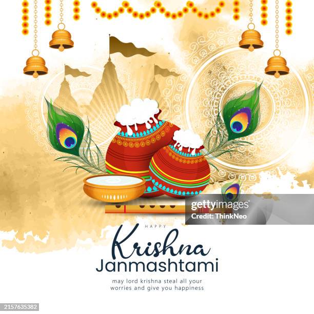 happy janmashtami festival poster template design with dahi handi and peacock feather. - sri krishna jayanthi stock illustrations