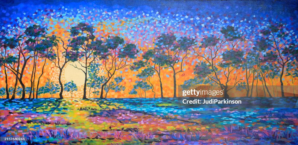 Landscape of Sun Setting through Silhouetted Trees Original Acrylic Painting