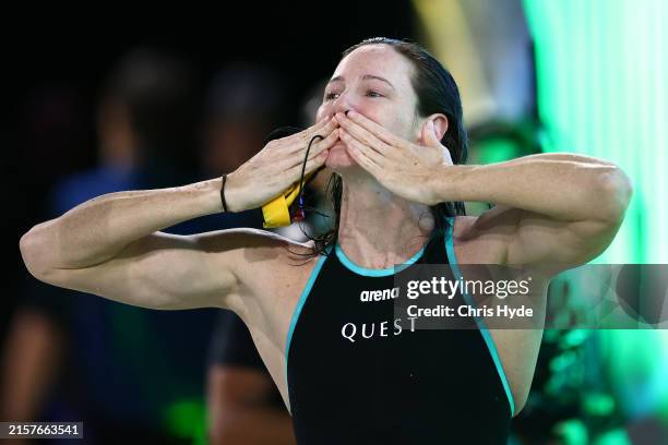 Cate Campbell of Queensland thanks the crowd after competing in the Women’s 50m Freestyle Final during the 2024 Australian Swimming Trials at...