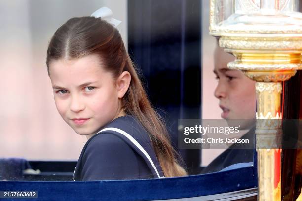 Princess Charlotte of Wales and Prince George of Wales during Trooping the Colour at Buckingham Palace on June 15, 2024 in London, England. Trooping...