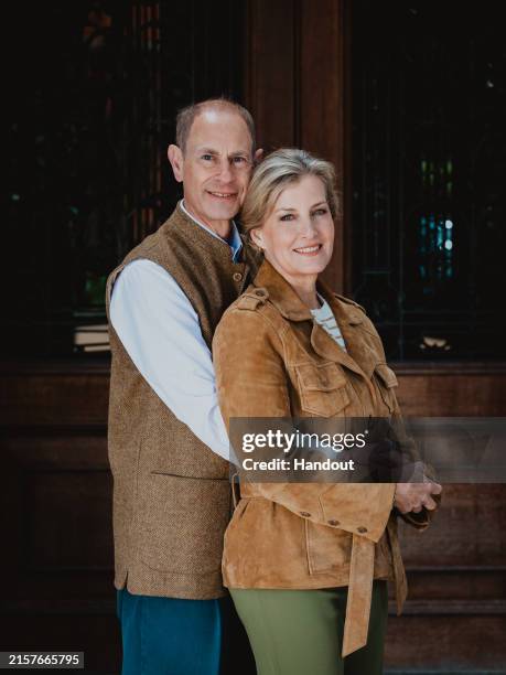 In this handout image released on June 19 Prince Edward, Duke of Edinburgh and Sophie, Duchess of Edinburgh pose for a portrait, to celebrate Their...
