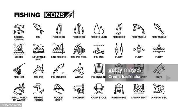 fishing line icon set. group of object. to catch fish, fishing hook, fishing rod, fisherman, school of fish. - fishing line stock illustrations