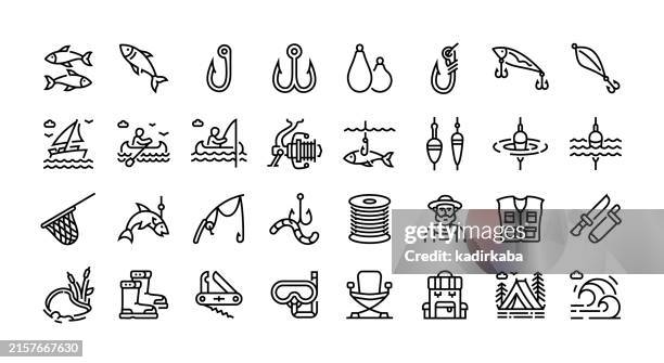 illustrazioni stock, clip art, cartoni animati e icone di tendenza di set di icone della lenza da pesca. gruppo di oggetti. per catturare pesci, ami da pesca, canne da pesca, pescatori, banchi di pesci. - pescatore
