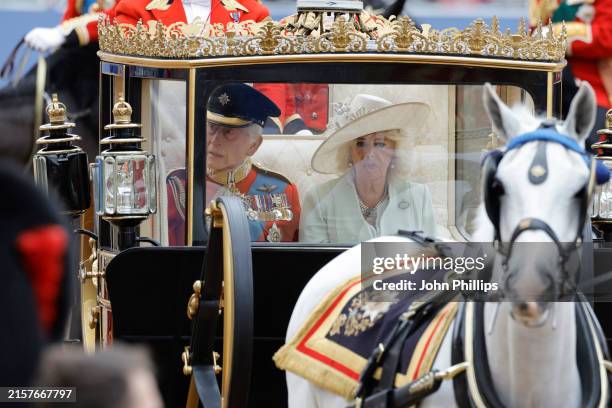 King Charles III and Queen Camilla during Trooping the Colour at Horse Guards Parade on June 15, 2024 in London, England. Trooping the Colour is a...