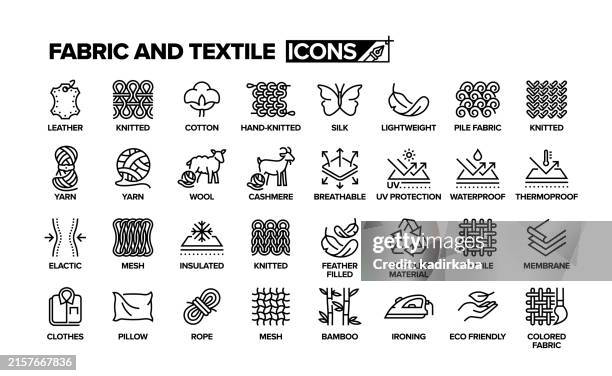 ilustraciones, imágenes clip art, dibujos animados e iconos de stock de conjunto de iconos de telas y líneas textiles. grupo de objetos. cuero, tejido, lana, seda, algodón, hilo, industria. - fibra