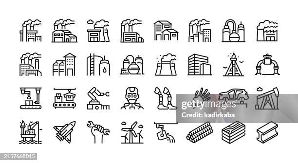 factories line icon set. group of object. manufacturing, industry, product line. - refinery engineer stock illustrations