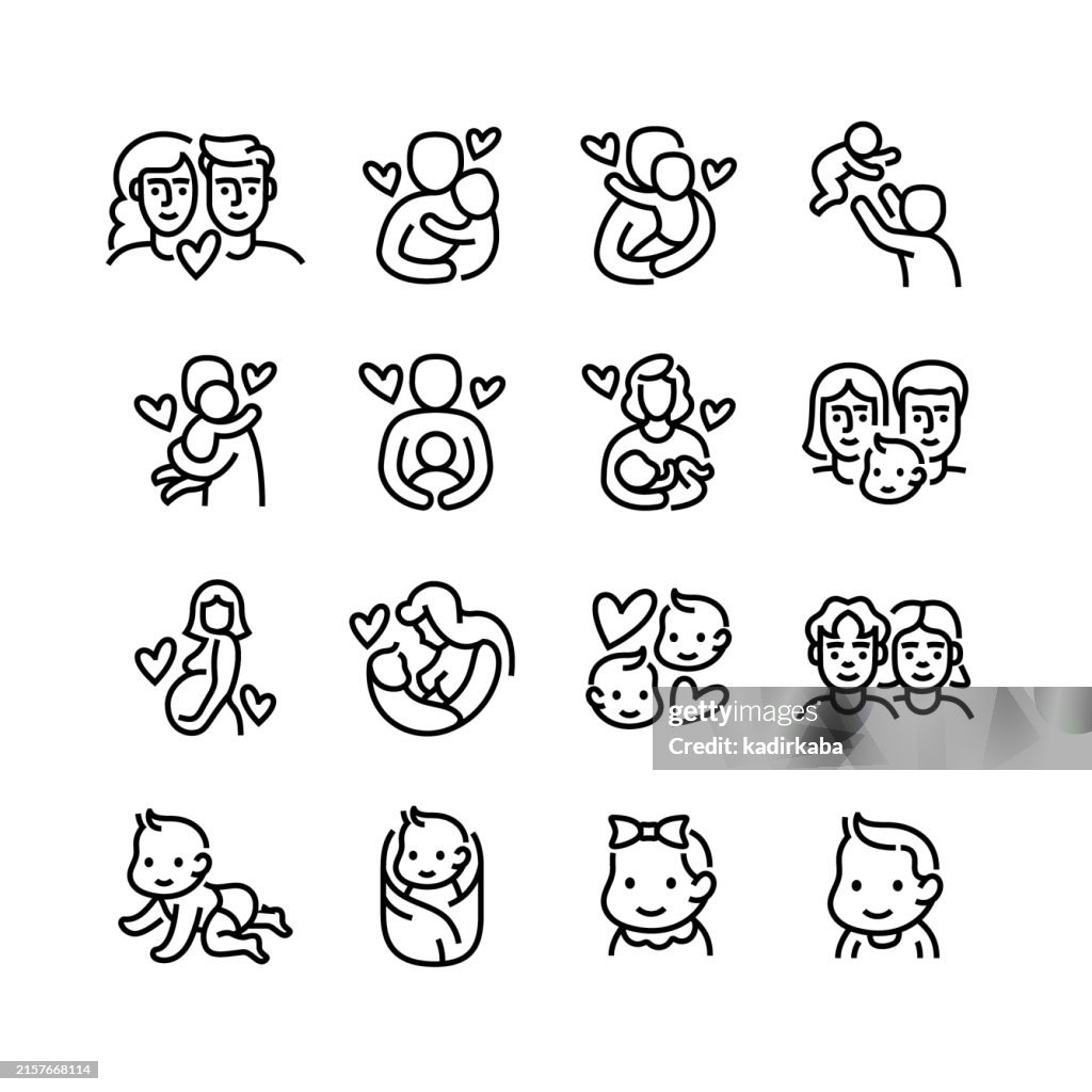 Conjunto de ícones de linha de família. Grupo de objeto. Pai, filho, filha, recém-nascido, bebê, pai, mãe, grávida, avó, avô, maternidade.