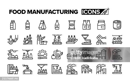 Symbolsatz für die Lebensmittelherstellungslinie. Gruppe von Objekten. Produktlinie, Industrie, Lebensmittel- und Getränkeindustrie. Symbolsatz für die Lebensmittelherstellungslinie. Gruppe von Objekten. Produktlinie, Industrie, Lebensmittel- und Getränkeindustrie.