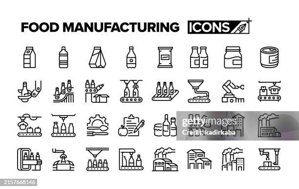food manufacturing line icon set. group of object. product line, industry, food and drink industry. - food processing plant icon stock illustrations
