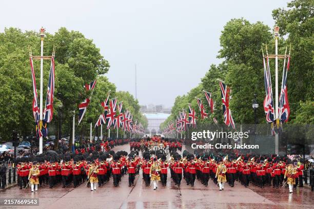 The Royal carriage on the Mall during Trooping the Colour at Buckingham Palace on June 15, 2024 in London, England. Trooping the Colour is a...