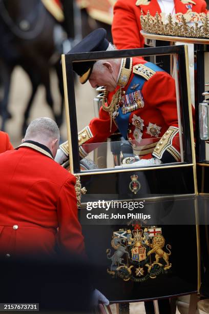 King Charles III during Trooping the Colour at Horse Guards Parade on June 15, 2024 in London, England. Trooping the Colour is a ceremonial parade...