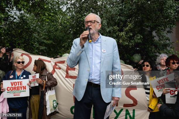 Jeremy Corbyn MP addresses the rally on June 15, 2024 in London, England. Now standing as an independent candidate for Islington North, the former...