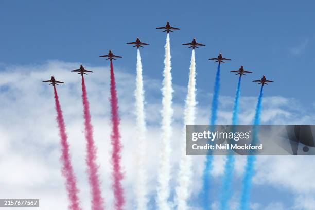 The Red Arrows fly over The Mall during Trooping the Colour on June 15, 2024 in London, England. Trooping the Colour is a ceremonial parade...