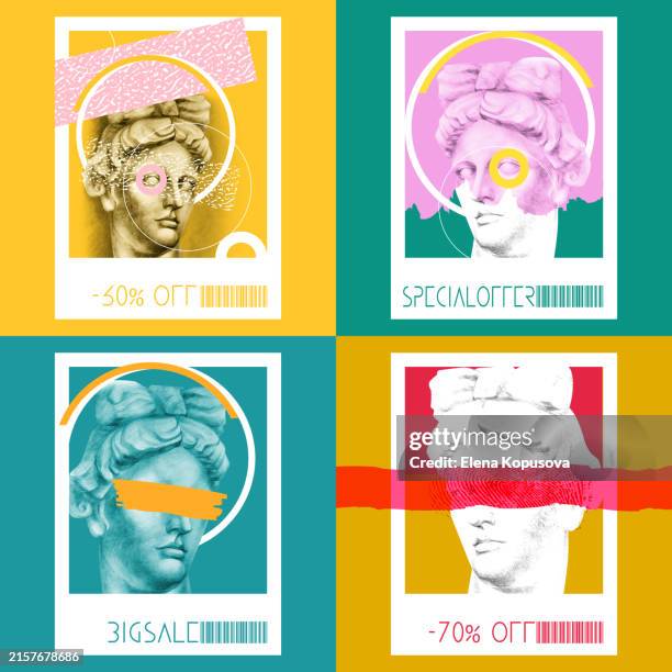 polaroid photograph of an apollo sculpture on an abstract color pop art background. creative hand drawing of discount posters. - apollo statue stock illustrations