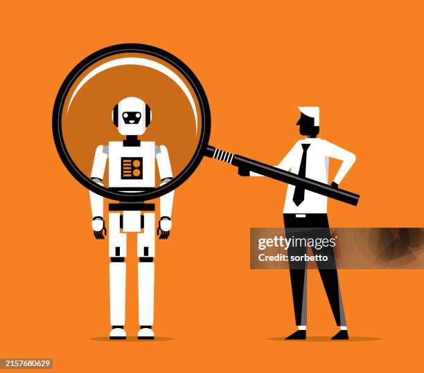 magnifying glass - robot - holding computer chip stock illustrations