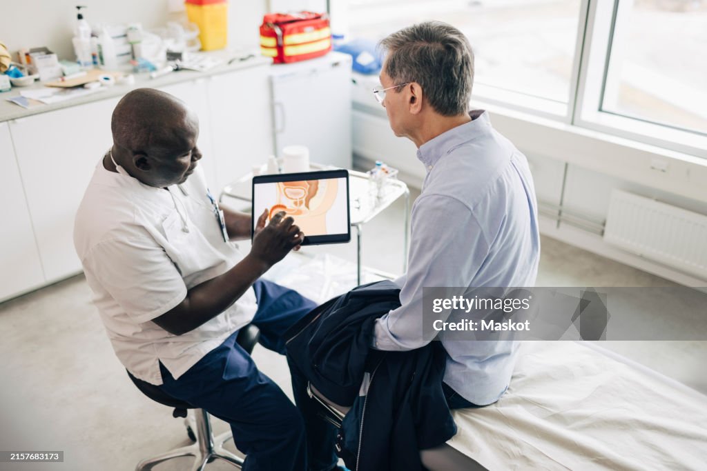 High angle view of doctor discussing male reproductive system with patient on digital tablet while sitting in medical ro