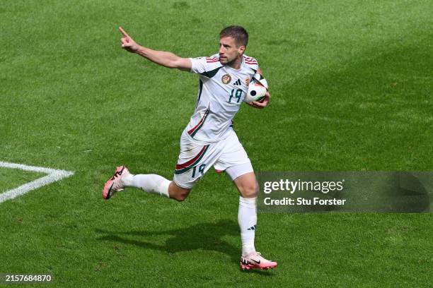 Barnabas Varga of Hungary celebrates scoring his team's first goal during the UEFA EURO 2024 group stage match between Hungary and Switzerland at...