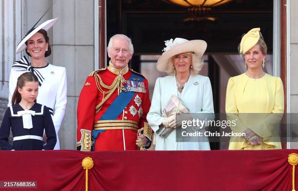 Catherine, Princess of Wales, Princess Charlotte of Wales, King Charles III and Sophie, Duchess of Edinburgh during Trooping the Colour at Buckingham...