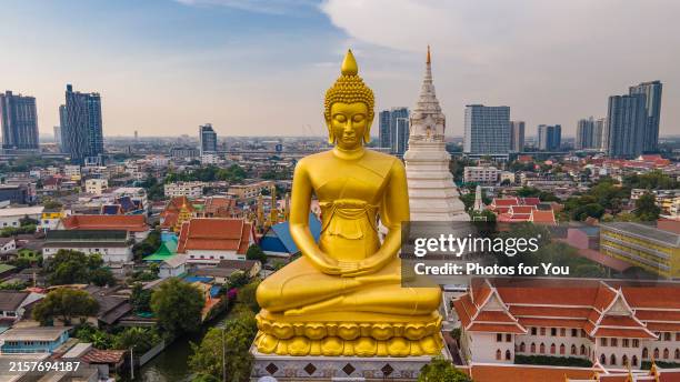 aerial view/big buddha at wat pak nam, bangkok, thailand, a popular destination for tourists to visit. - boeddha stockfoto's en -beelden