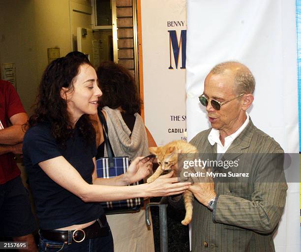 Jane Adams and Joel Grey pose with a kitten at the 5th Annual Broadway Barks July 12, 2003 at Shubert Alley in New York City. Broadway Barks assists...