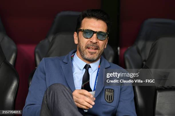 Gianluigi Buffon, National Team Delegation Head of Italy, looks on prior to the UEFA EURO 2024 group stage match between Italy and Albania at...