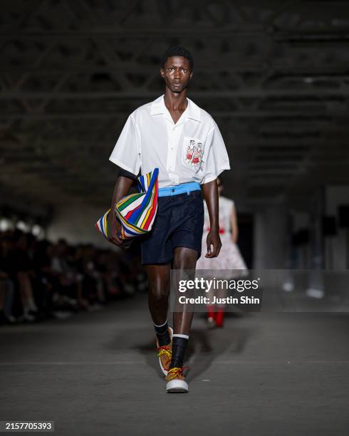 Model walks the runway at the MSGM fashion show during the Milan Menswear Spring/Summer 2025 on June 15, 2024 in Milan, Italy.