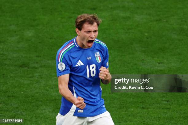 Nicolo Barella of Italy celebrates scoring his team's second goal during the UEFA EURO 2024 group stage match between Italy and Albania at Football...