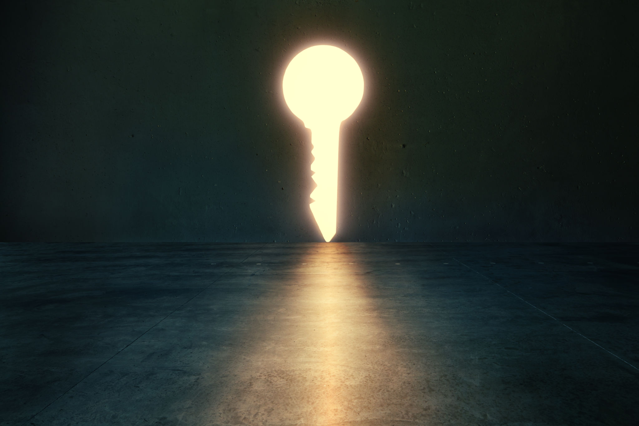 Glowing lights key shaped hole in dark empty room Glowing lights key shaped hole in dark empty room