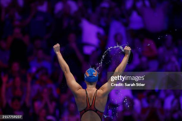 Katie Ledecky of the United States reacts after the Women's 400m freestyle final on Day One of the 2024 U.S. Olympic Team Swimming Trials at Lucas...