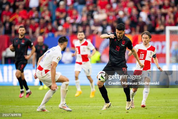 Mirlind Daku of Albania controls the ball during the UEFA EURO 2024 group stage match between Croatia and Albania at Volksparkstadion on June 19,...
