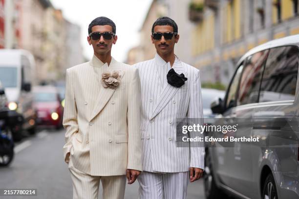 Mohammed Hadban & Humaid Hadban wears patterned sunglasses, Dolce & Gabbana striped cream double breasted suit with a matching flower, Dolce &...