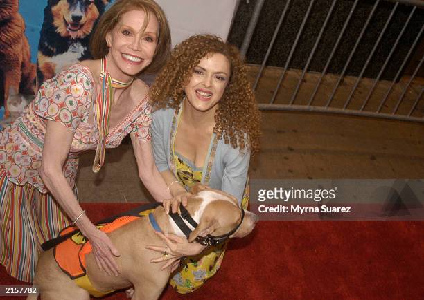 Mary Tyler Moore and Bernadette Peters with a dog who is hoping to be adopted, host the 5th Annual Broadway Barks July 12, 2003 at Shubert Alley in...