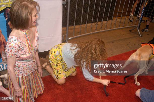 Mary Tyler Moore and Bernadette Peters chase the dog running away while they host the 5th Annual Broadway Barks July 12, 2003 at Shubert Alley in New...