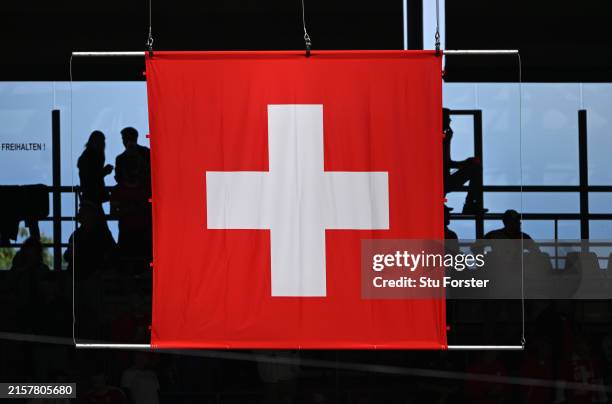 The Switzerland national flag pictured in the stand during the UEFA EURO 2024 group stage match between Hungary and Switzerland at Cologne Stadium on...