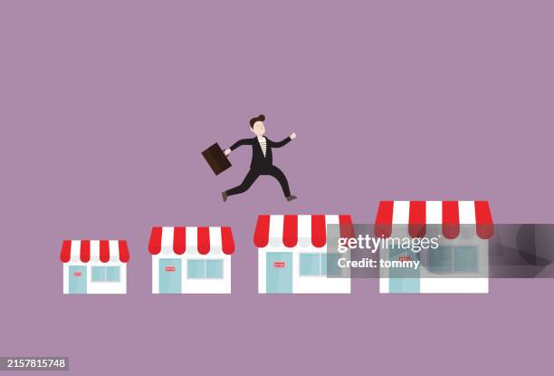 illustrations, cliparts, dessins animés et icônes de homme d’affaires agrandir le magasin pour la croissance du concept de franchise d’entreprise - bâtiment public