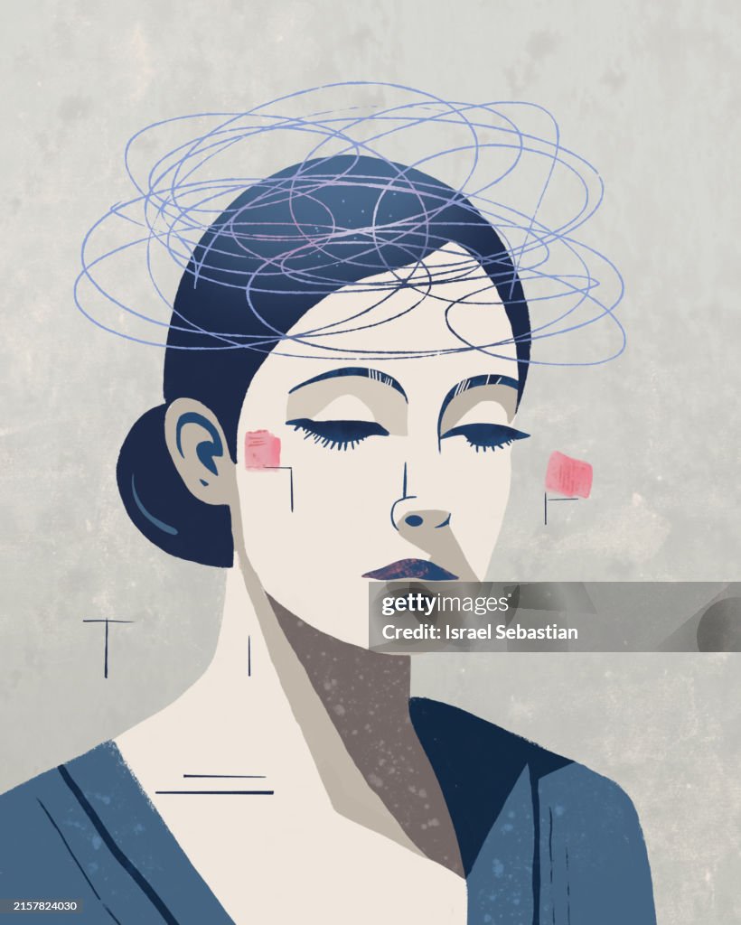 Woman suffering from anxiety and depression feeling sad. Digital Illustration.