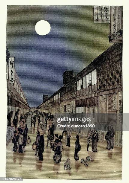 traditional japanese art, night city street scene, victorian 19th century style, vintage illustration - etching stock illustrations