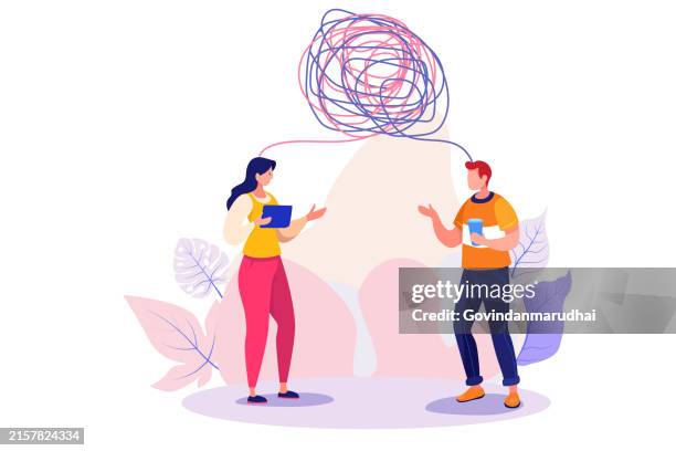 stockillustraties, clipart, cartoons en iconen met complicated problem, complexity or difficulty, solving difficult problem, challenge or trouble, thinking or brainstorm for solution concept, business people thinking with chaos messy tangle knot. - communicatieprobleem