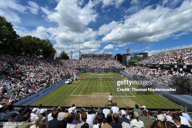 Matteo Berrettini of Italy returns the ball to Jack Draper of Great Britain during the final match at day seven of the BOSS Open 2024 on June 16,...
