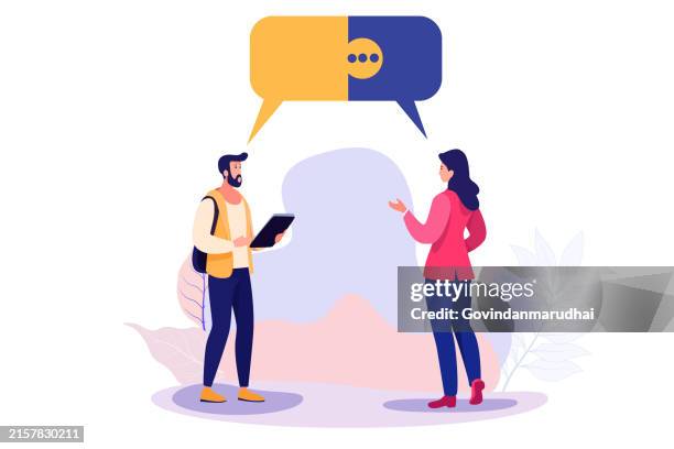ilustraciones, imágenes clip art, dibujos animados e iconos de stock de ilustración de concepto vectorial de diseño plano. dos hombres de negocios discuten un buen negocio. rompecabezas discutir. buena ganancia. imágenes prediseñadas vectoriales. conjunto de iconos. - dos personas