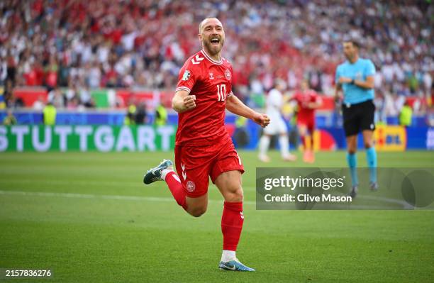 Christian Eriksen of Denmark celebrates scoring his team's first goal during the UEFA EURO 2024 group stage match between Slovenia and Denmark at...
