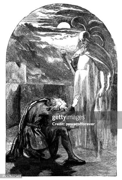 stockillustraties, clipart, cartoons en iconen met ghost of the king telling prince hamlet that he was murdered in hamlet - works of william shakespeare - prins koninklijk persoon